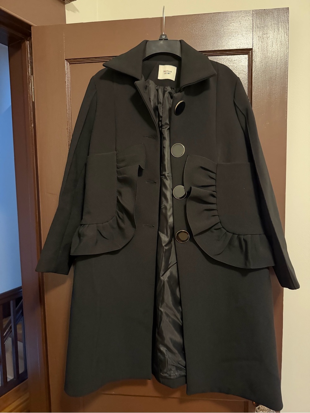 Deb Black Ruffle-Pocket Pea Coat with Large Buttons